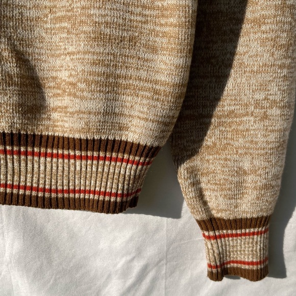 Vintage 70s Knit Space Dye Geometric Collared V-Neck Long Sleeve Brown Sweater - Picture 4 of 10
